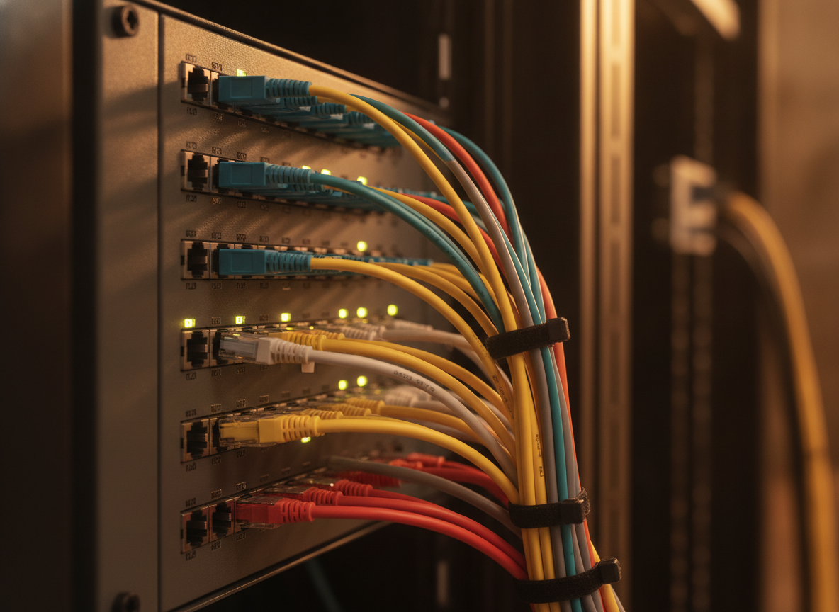 Panneau de brassage réseau professionnel avec câbles fibre optique et connexions Ethernet pour interconnexion multi-sites