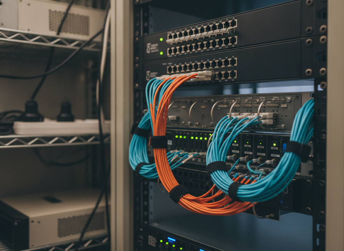Baie réseau professionnelle avec câbles fibre optique et panneau de brassage dans un établissement CHR