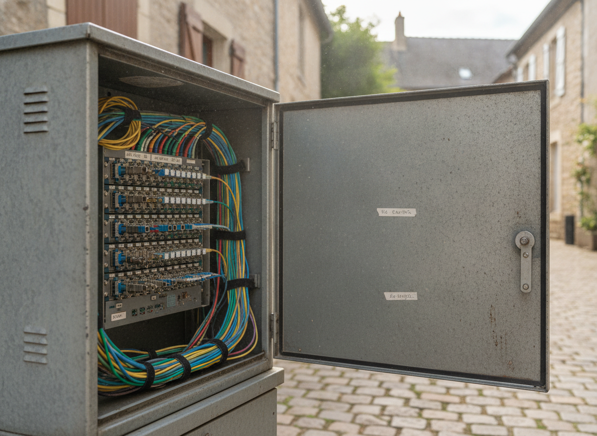 Armoire de distribution fibre optique en zone RIP avec câbles organisés et connecteurs patch panel