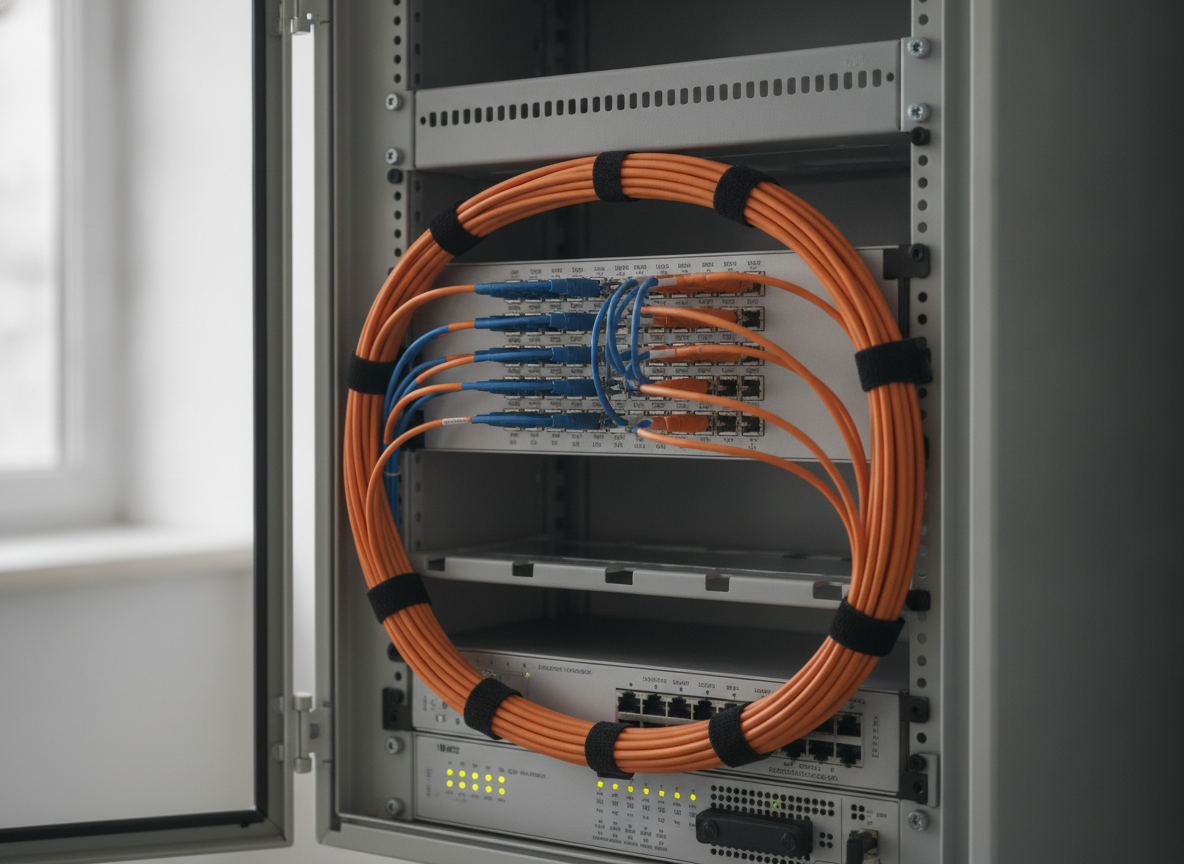 Panneau de brassage fibre optique dans un local technique de commerce, câbles organisés et équipements réseau pro