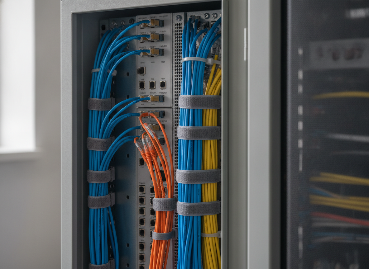 Baie réseau fibre optique avec câbles ethernet pour petite entreprise
