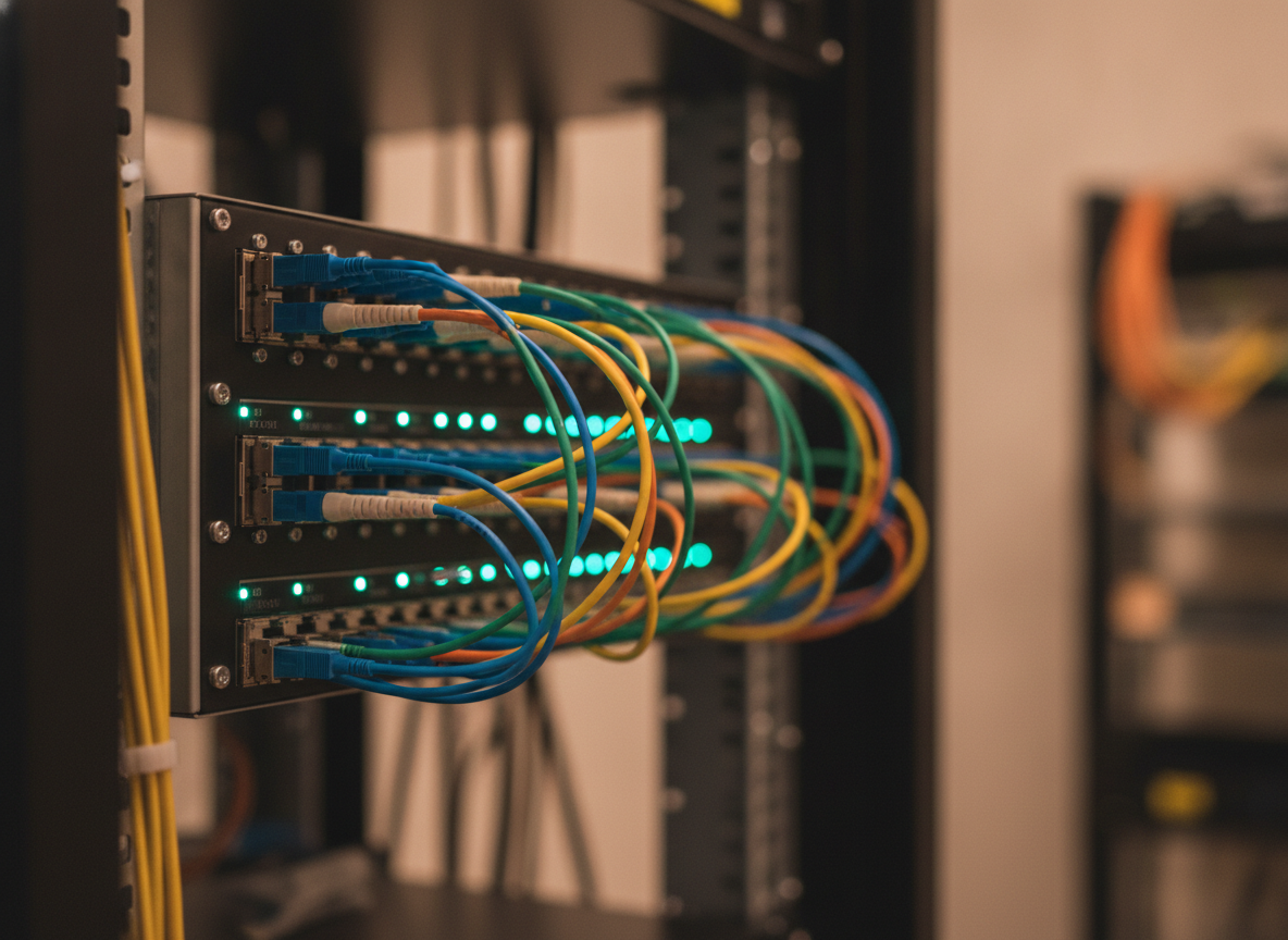 Patch panel fibre optique dans une baie réseau de bureau professionnel pour cabinet comptable