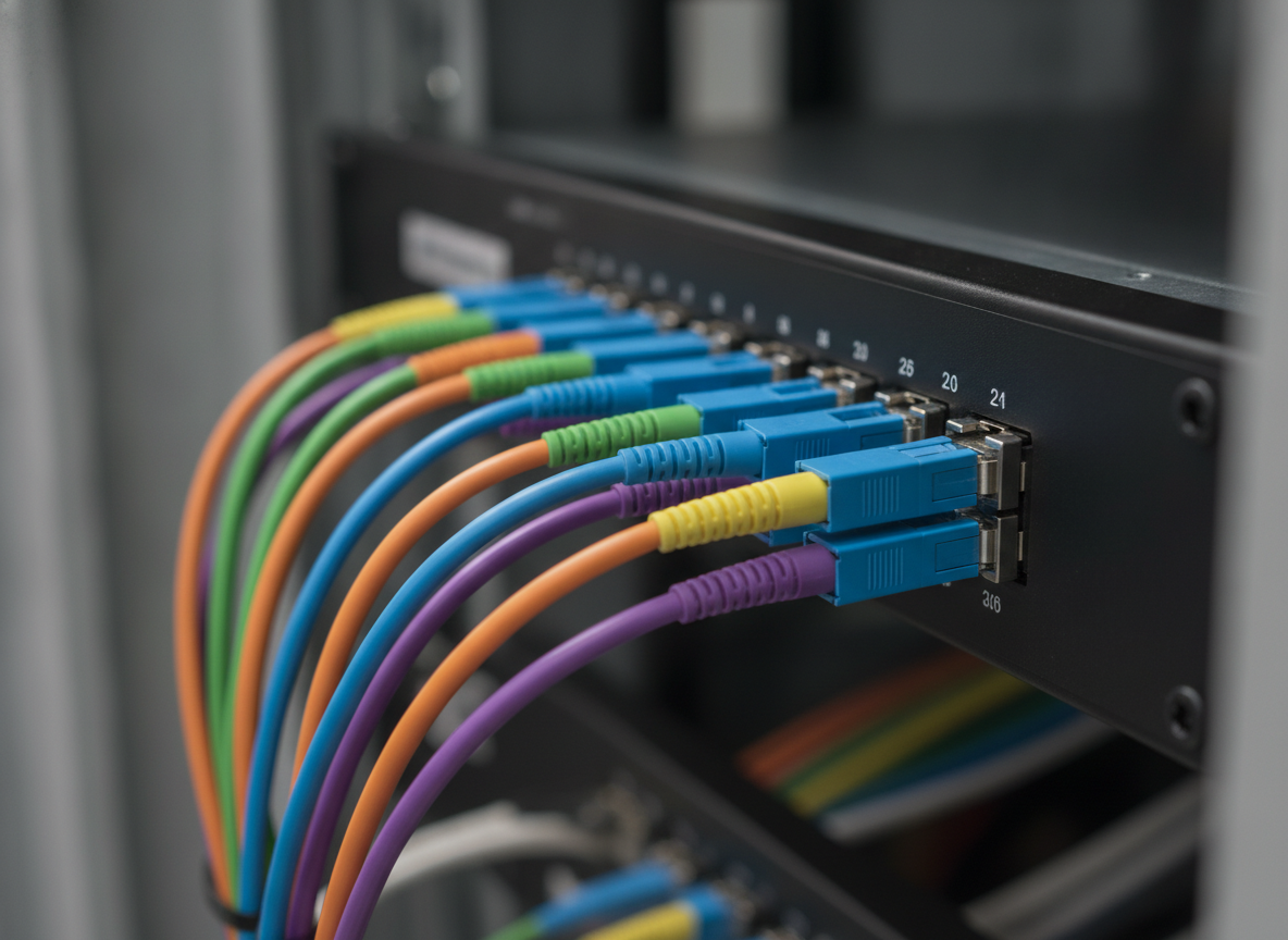 Câbles fibre optique connectés à un patch panel professionnel dans une baie réseau
