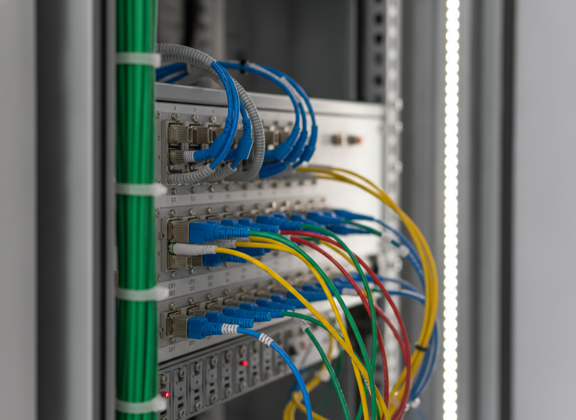 Panneau de brassage fibre optique dans un local technique d'entreprise, câbles colorés organisés en baie réseau