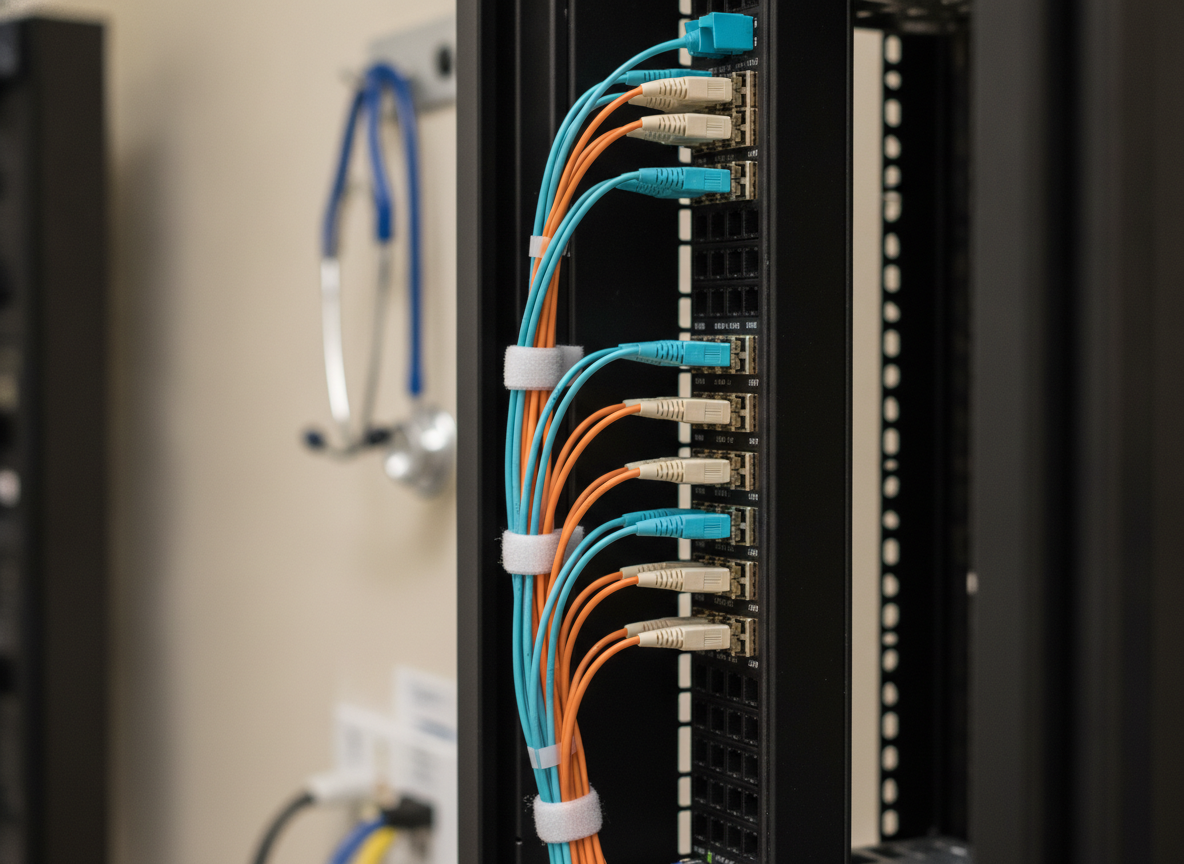 Panneau de brassage fibre optique dans un local technique de cabinet médical professionnel