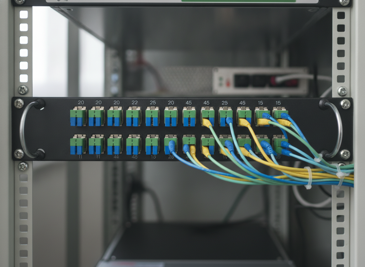 Panneau de brassage fibre optique dans un local technique de cabinet professionnel