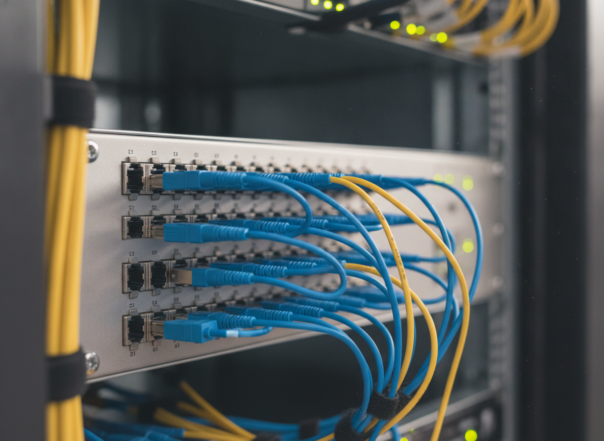 Panneau de brassage fibre optique avec câbles LC connectés dans un local technique professionnel
