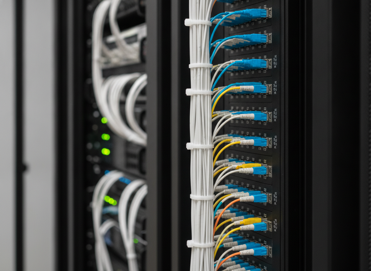 Baie réseau avec panneau de brassage fibre optique dans un local technique professionnel
