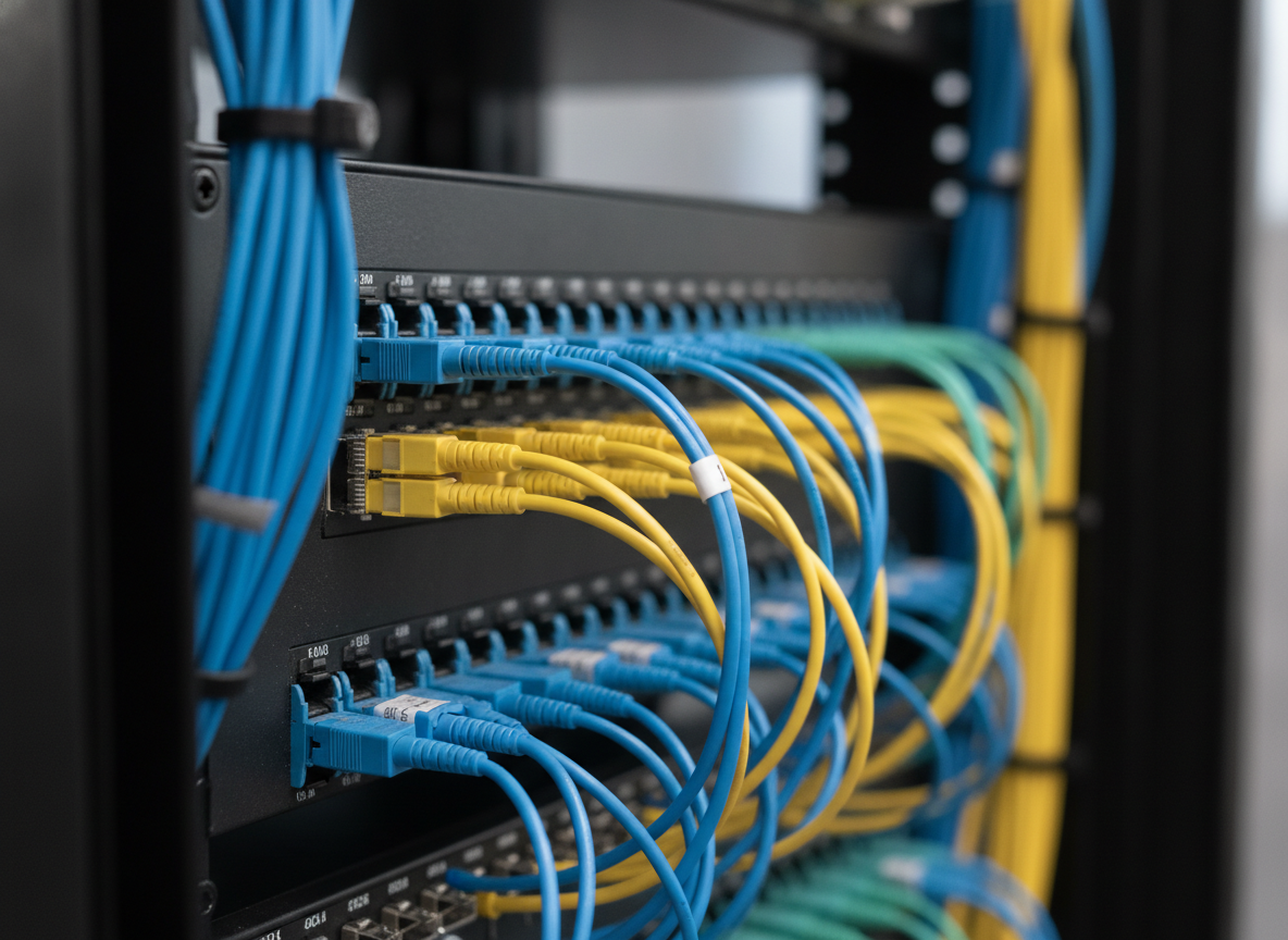 Gros plan sur un patch panel fibre optique monomode avec connecteurs LC dans une baie réseau professionnelle