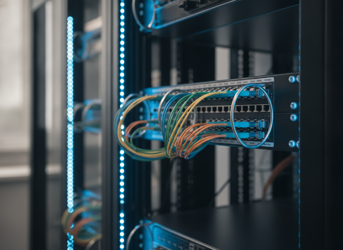 Panneau de brassage fibre optique dans une baie réseau de cabinet professionnel, câbles soigneusement organisés
