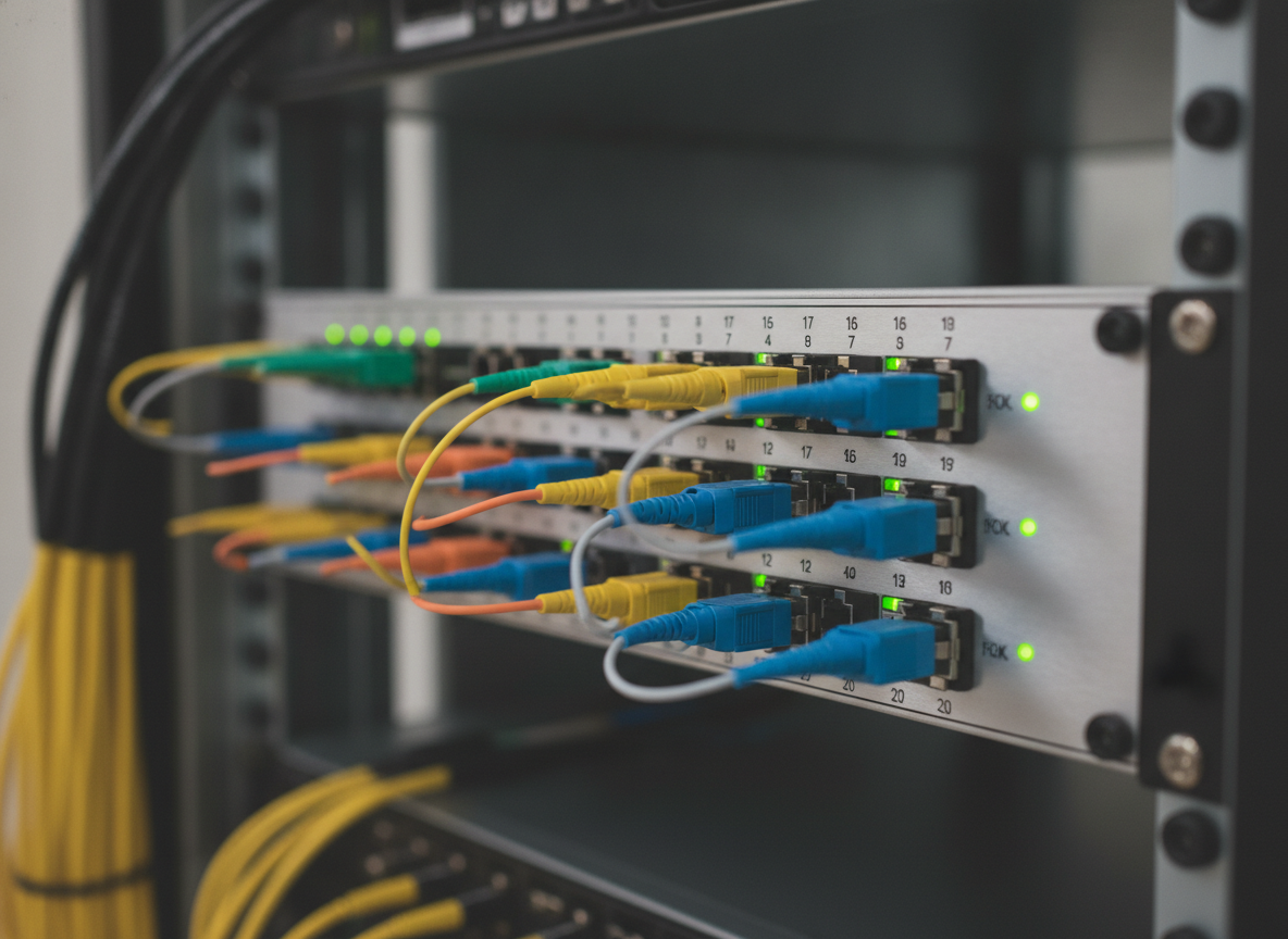 Panneau de brassage fibre optique dans un local technique de cabinet professionnel