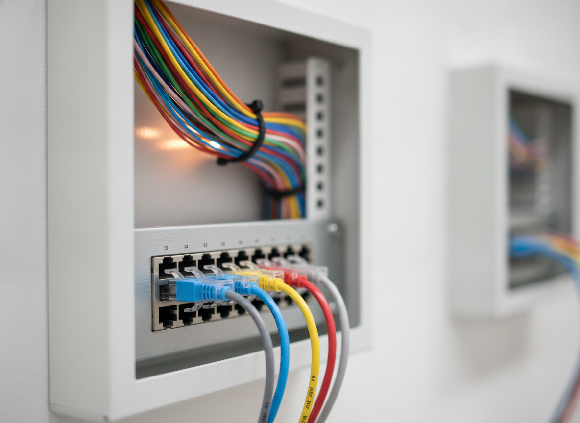 Câbles fibre optique et panneau de brassage dans une baie réseau de petite taille pour bureau associatif