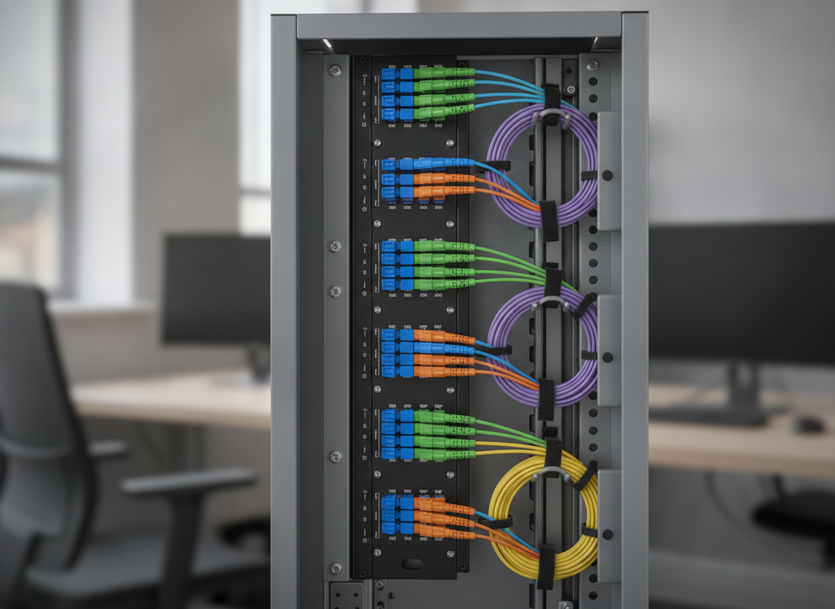Panneau de brassage fibre optique professionnel dans un rack réseau de bureau