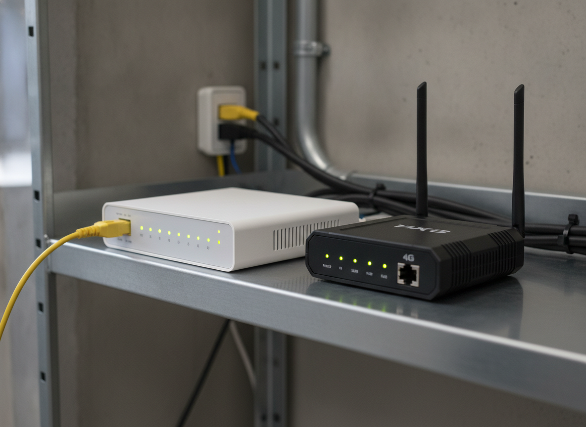 Routeur fibre pro et routeur backup 4G installés dans un local technique d'artisan