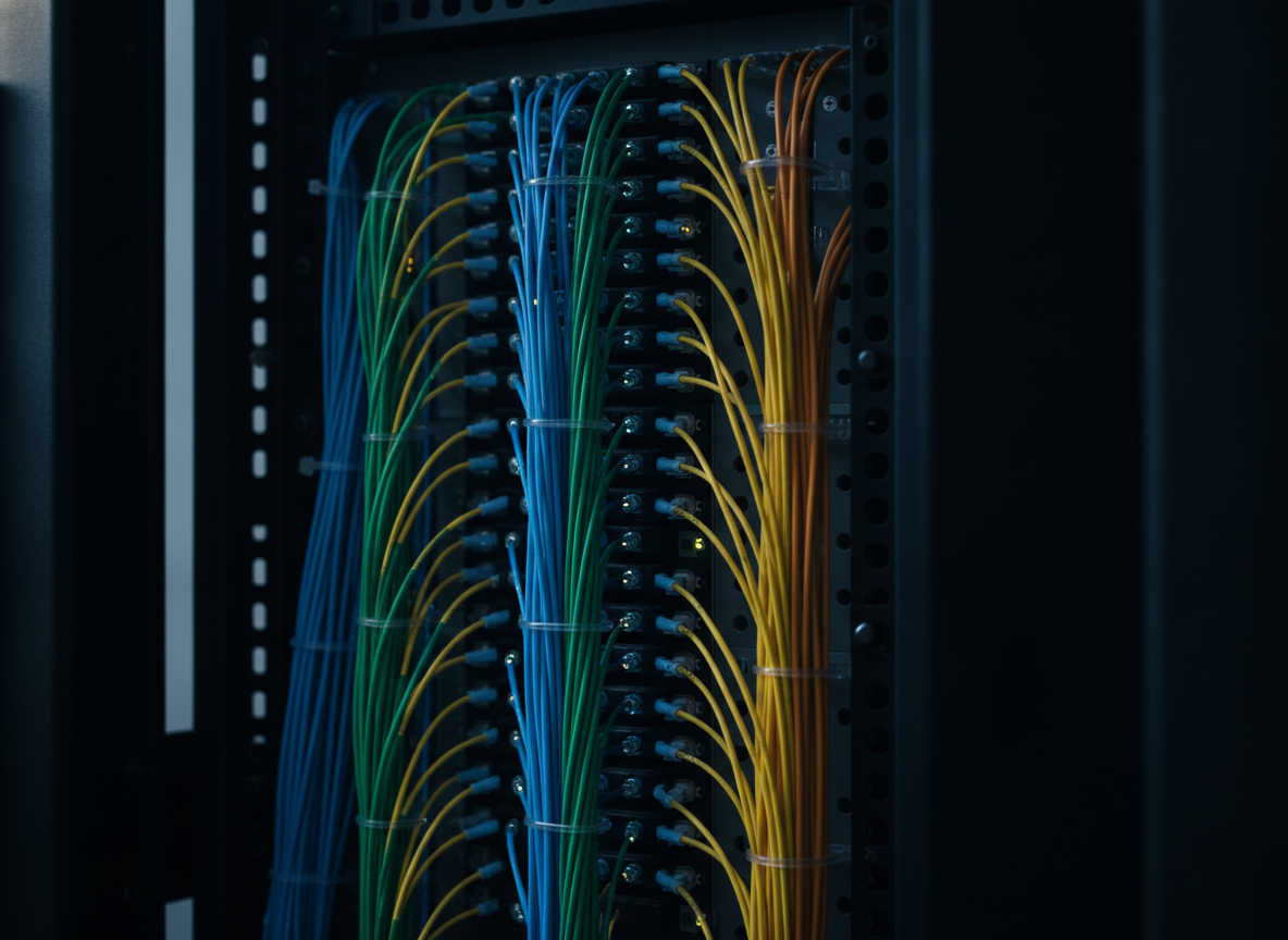 Câbles fibre optique dans un panneau de brassage réseau professionnel pour cabinet médical
