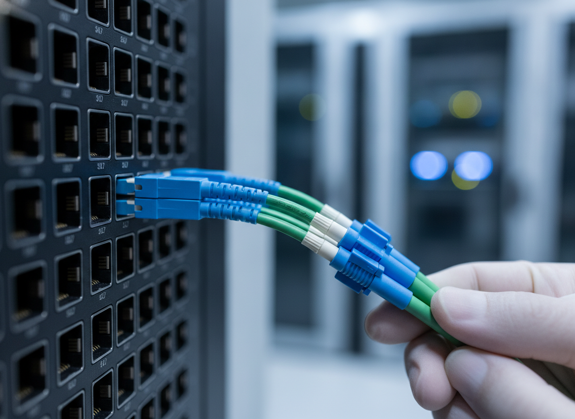 Câbles fibre optique avec connecteurs LC branchés sur un patch panel professionnel en baie réseau