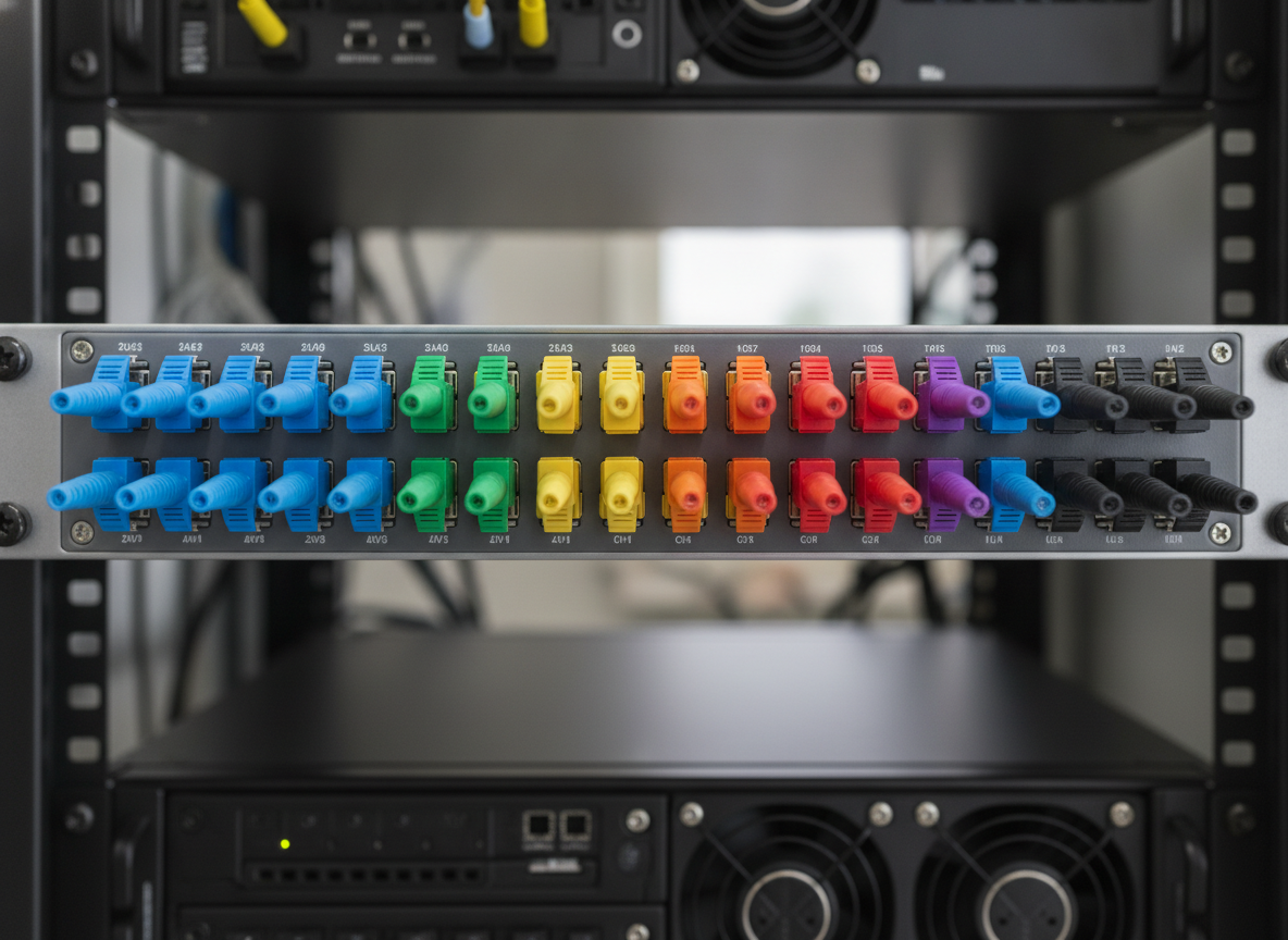 Panneau de brassage fibre optique avec connecteurs LC dans une baie serveur de PME e-commerce