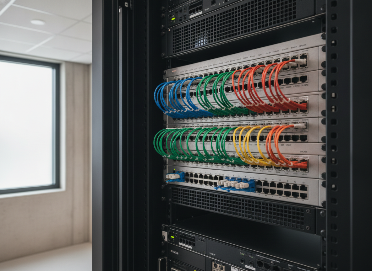 Baie réseau avec câbles fibre optique segmentés en VLANs dans la salle technique d'un hôtel-boutique