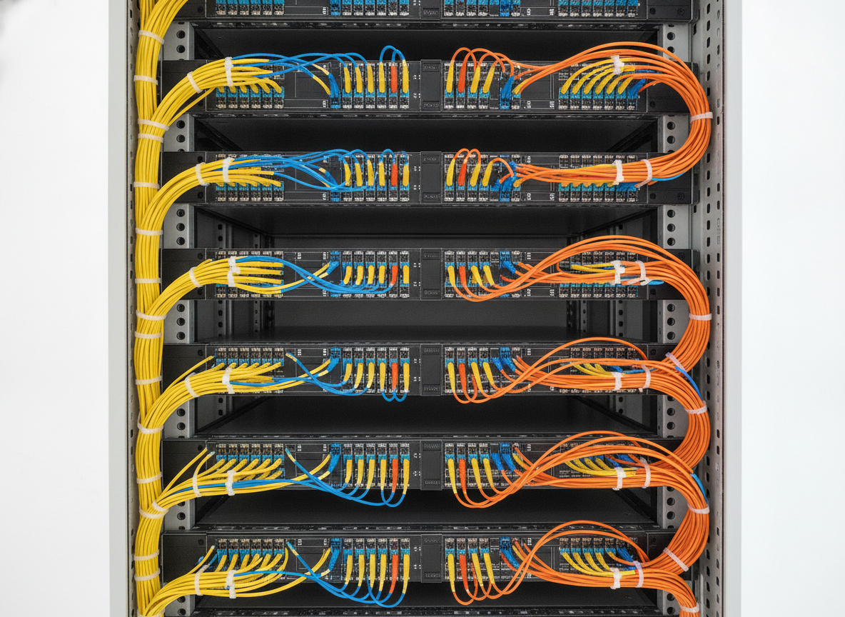 Câbles fibre optique multicolores organisés dans un rack télécoms professionnel pour installation FTTO