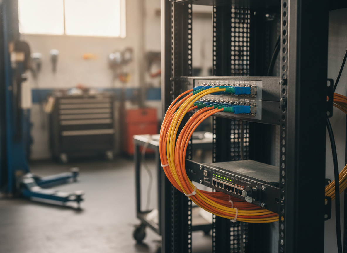 Baie réseau fibre optique avec panneau de brassage et câbles orange dans un atelier automobile professionnel