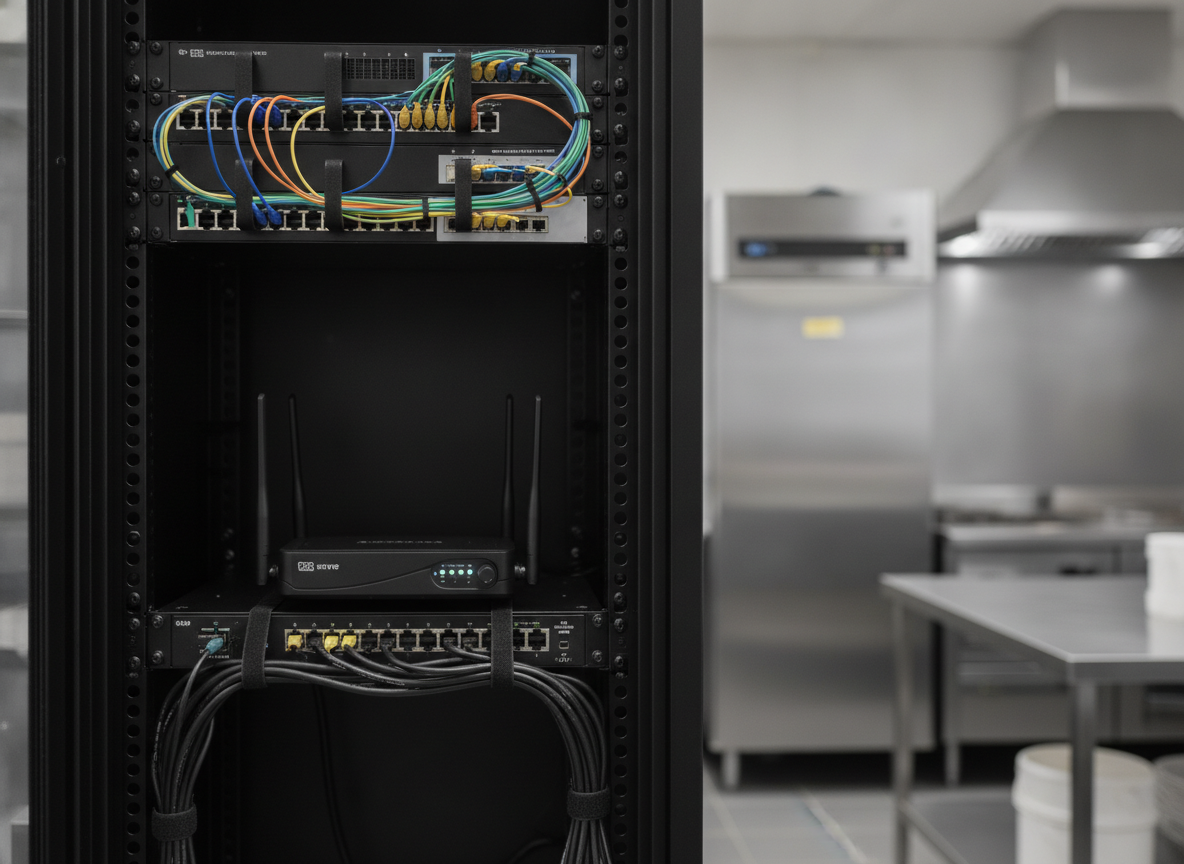 Baie réseau professionnelle avec patch panel fibre optique dans l'arrière-boutique d'un restaurant