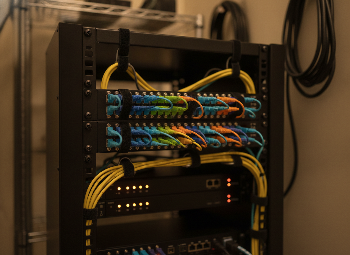 Panneau de brassage fibre optique dans une baie réseau de bureau — connecteurs LC colorés