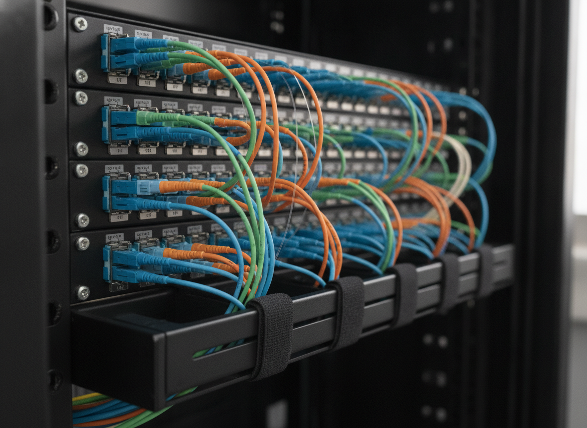 Panneau de brassage fibre optique avec connecteurs LC dans un rack serveur de PME industrielle