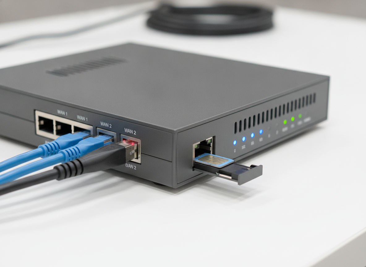 Routeur pro dual-WAN avec carte SIM 4G et câble fibre optique pour solution de backup réseau entreprise