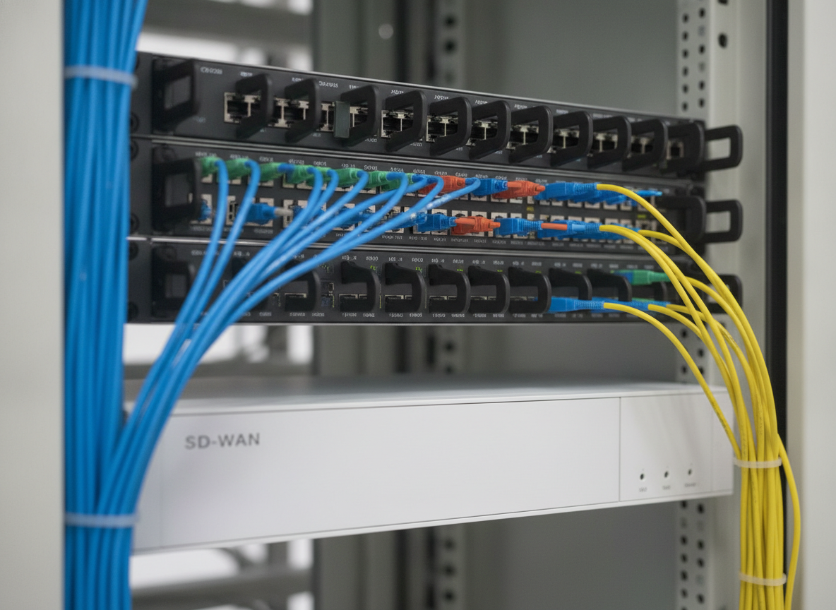 Baie réseau professionnelle avec panneau de brassage fibre optique et routeur SD-WAN en entreprise