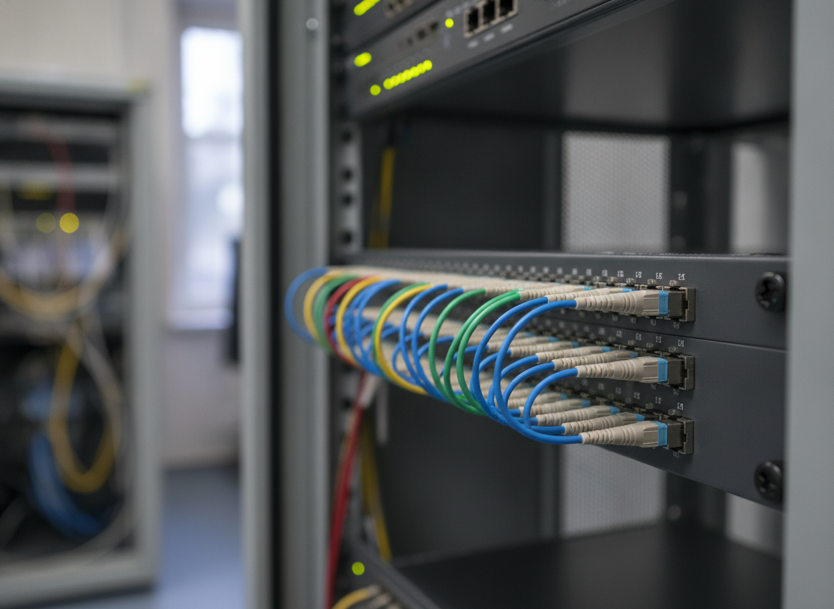 Panneau de brassage fibre optique dans un local technique de centre de formation