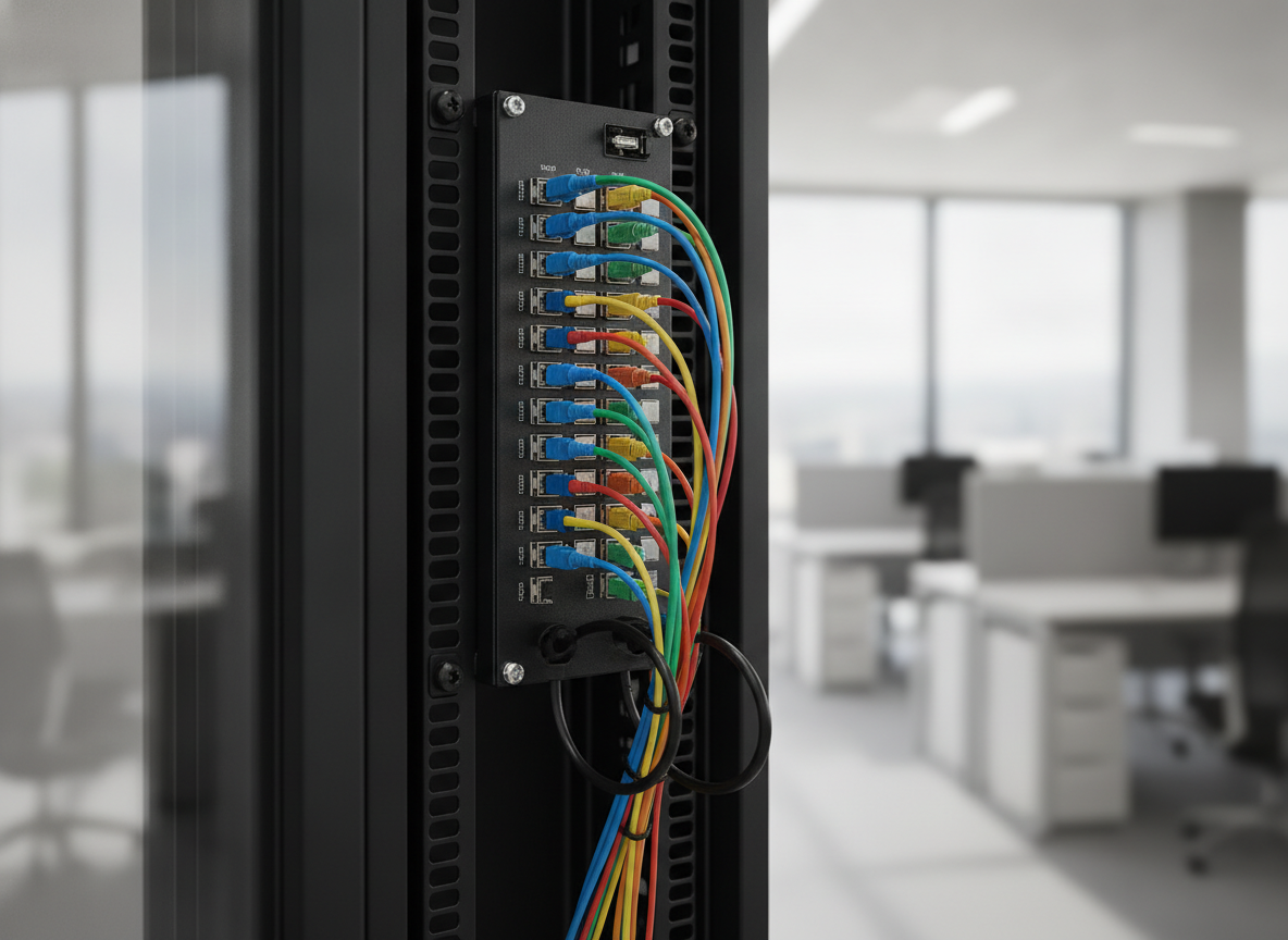 Panneau de brassage fibre optique avec connecteurs LC colorés dans un rack réseau professionnel