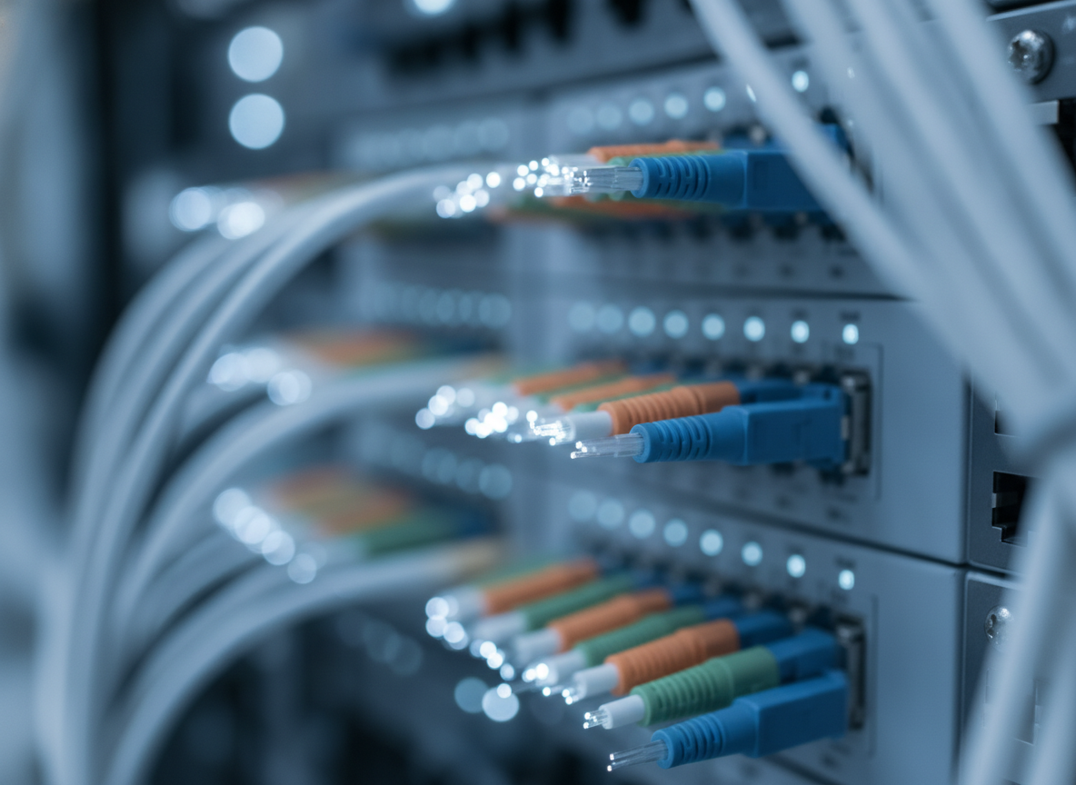 Câbles fibre optique connectés sur un patch panel professionnel — débit symétrique en datacenter
