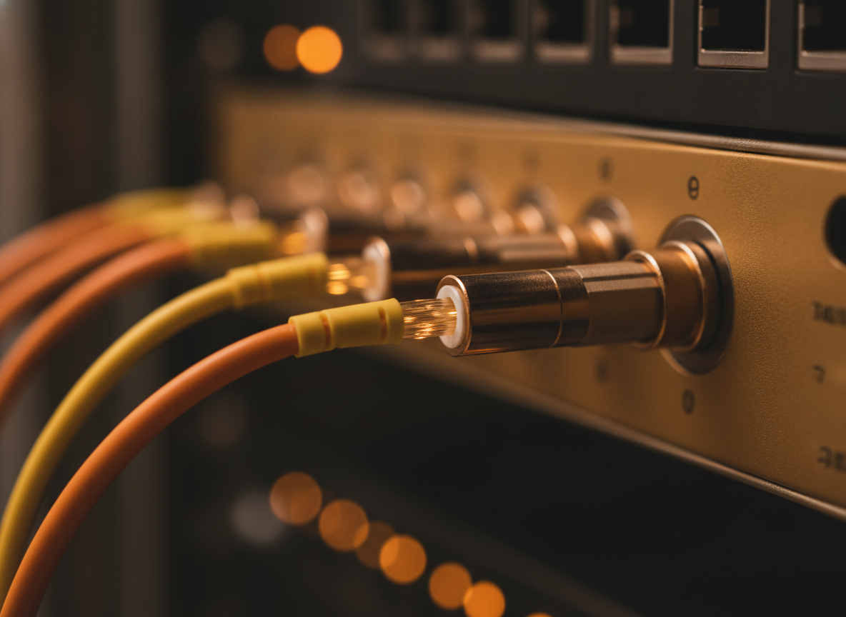 Connexion fibre optique sur un panneau de brassage professionnel dans une armoire réseau de cabinet d'entreprise