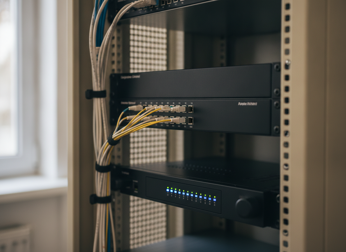 Baie réseau avec panneau de brassage fibre optique et routeur pro dans une clinique vétérinaire