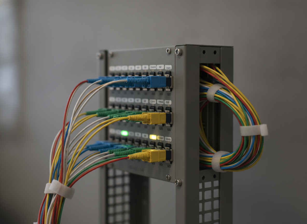 Panneau de brassage fibre optique avec connecteurs LC dans un rack réseau de petite agence professionnelle