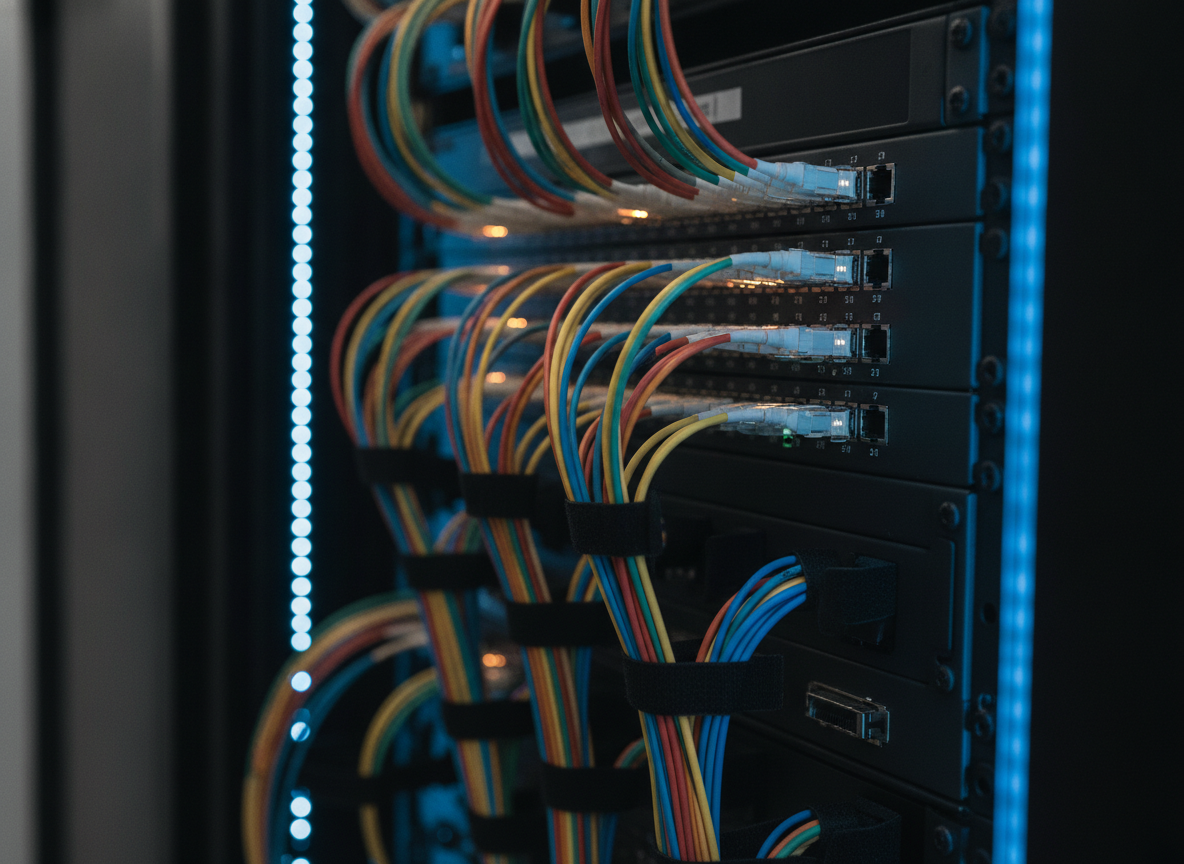 Câbles fibre optique connectés à un patch panel professionnel dans une baie réseau d'agence