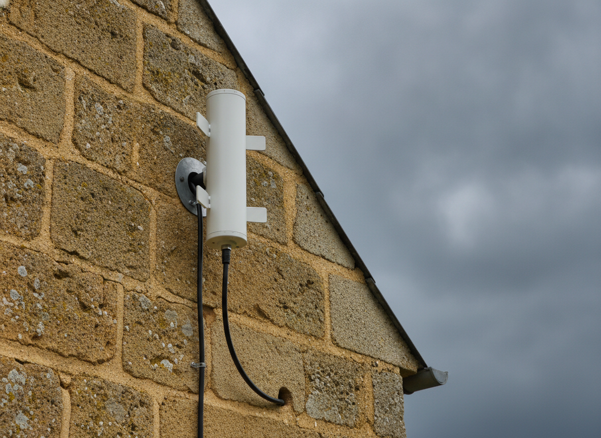 Antenne 4G fixe professionnelle installée sur la façade d'une ferme en pierre en zone rurale