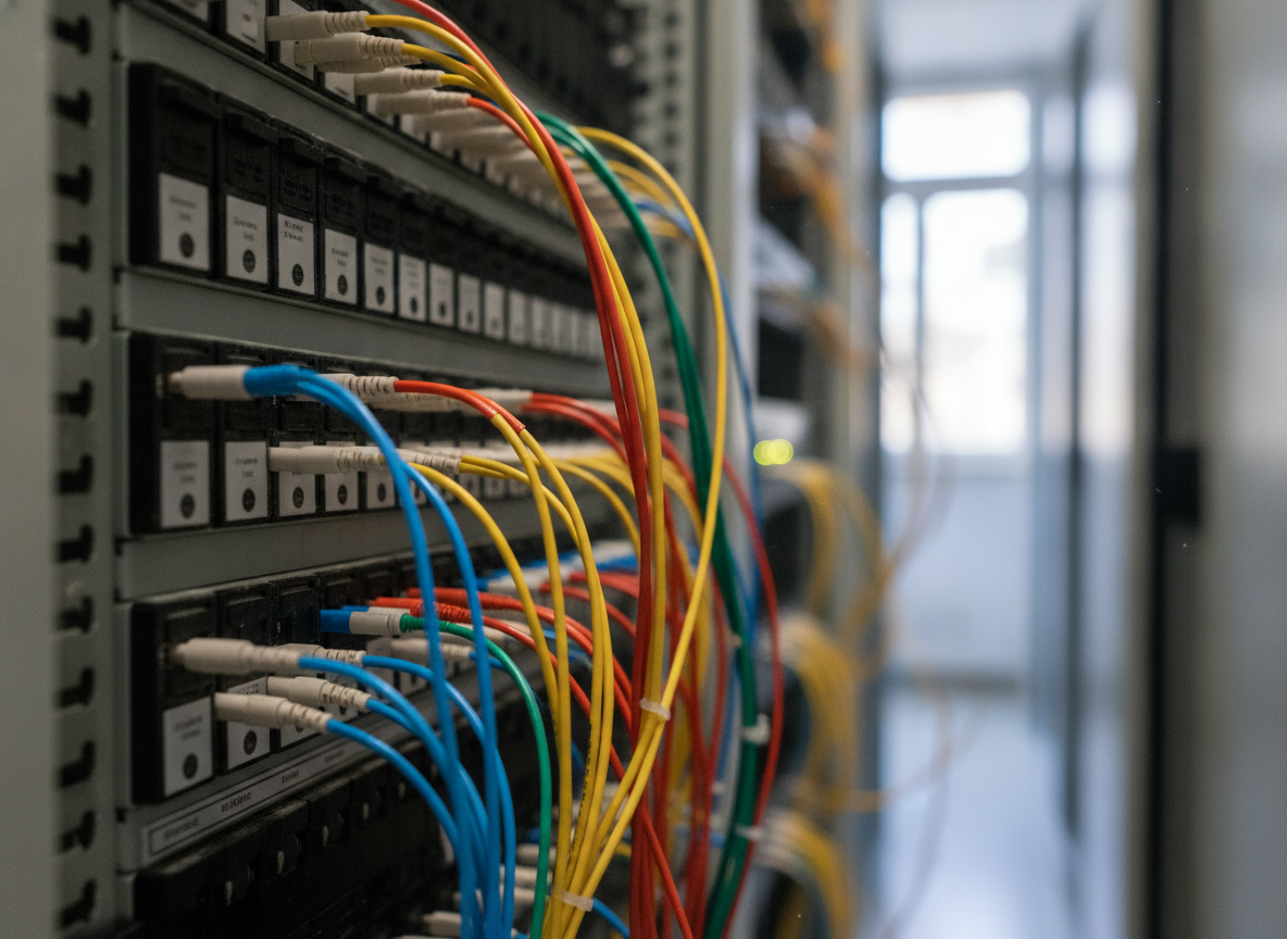 Panneau de distribution fibre optique dans un local technique d'immeuble professionnel