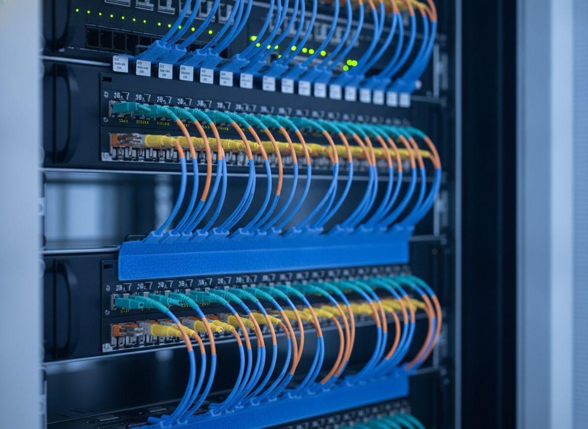 Panneau de brassage fibre optique avec connecteurs LC colorés dans une baie de datacenter professionnel