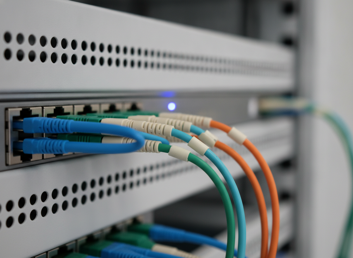 Panneau de brassage fibre optique avec câbles LC colorés dans un rack réseau d'entreprise