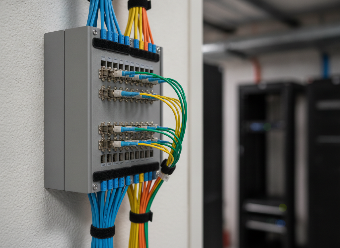 Baie réseau avec patch panel fibre optique dans un établissement hôtelier ou de restauration