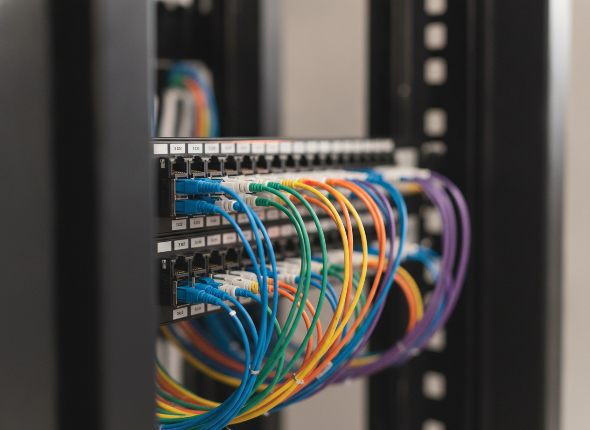 Câble fibre optique et panneau de brassage dans une armoire réseau professionnelle