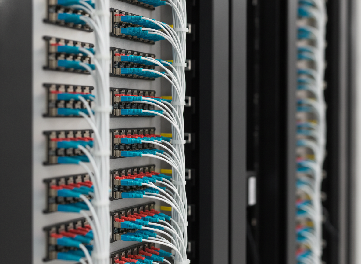 Panneau de brassage fibre optique en datacenter avec connecteurs LC multicolores organisés dans un rack professionnel
