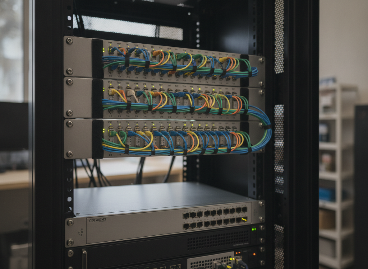 Baie réseau avec patch panel fibre optique dans l'arrière-boutique d'un commerce professionnel