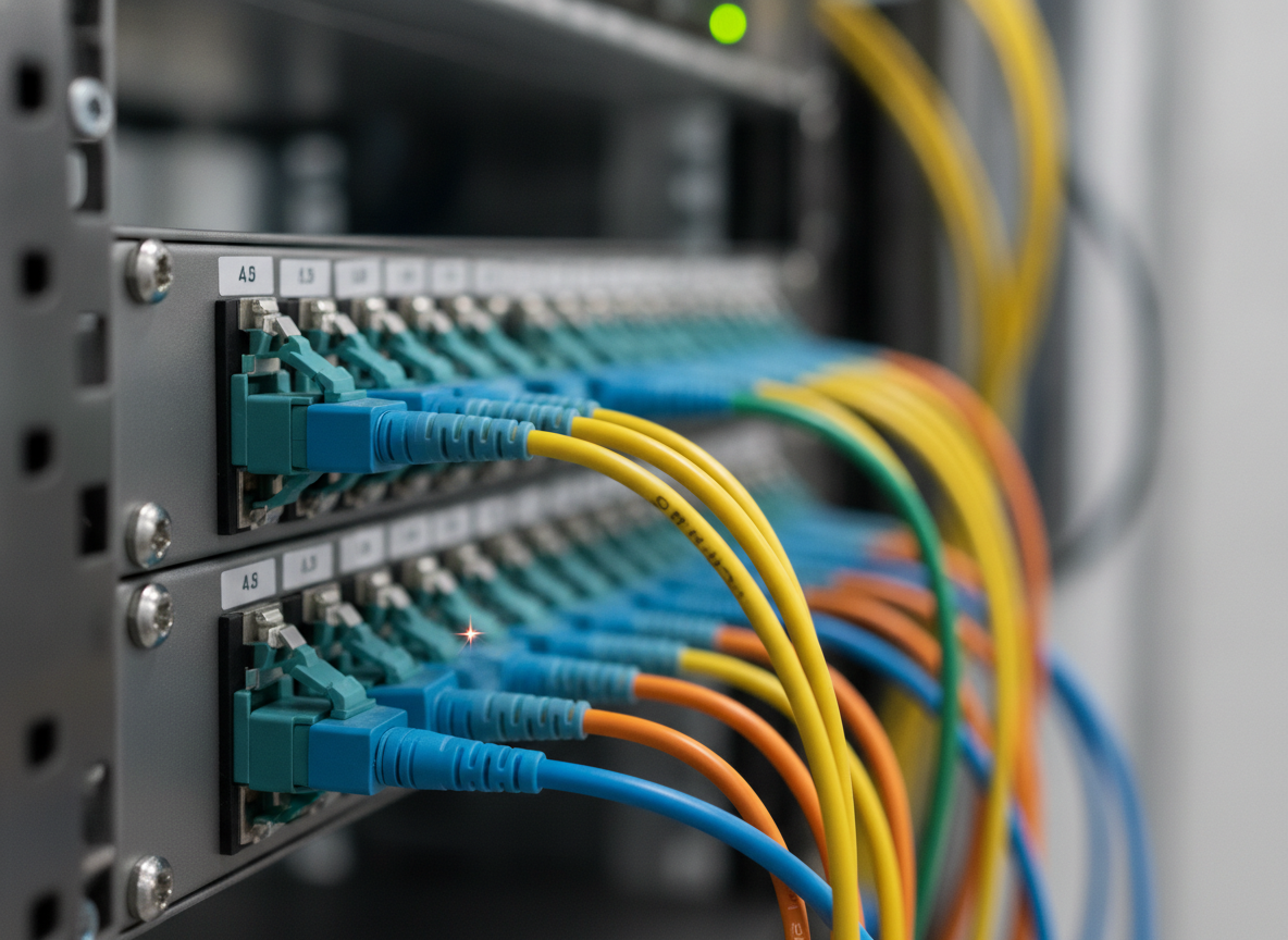 Panneau de brassage fibre optique avec connecteurs LC dans un rack serveur professionnel