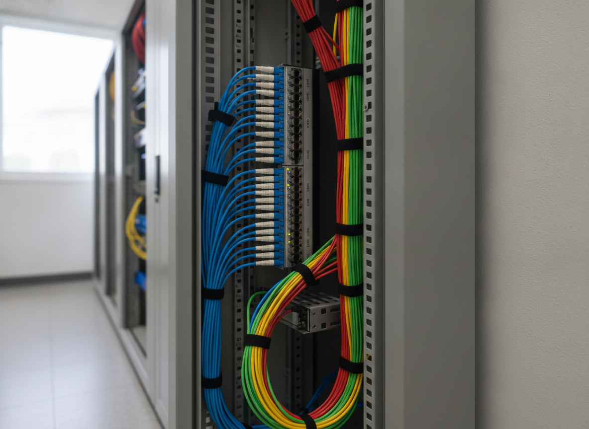 Panneau de brassage fibre optique dans un local technique d'association, câbles organisés en baie réseau