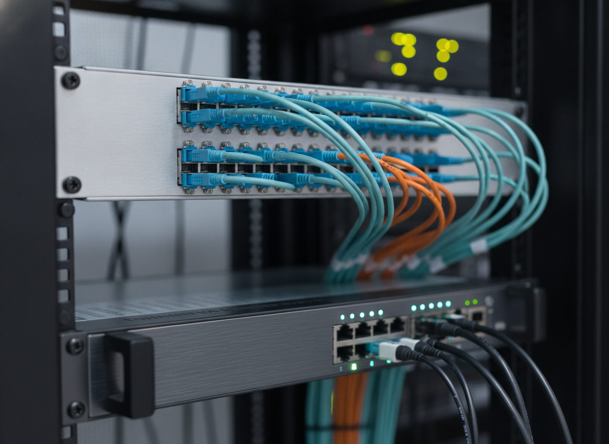 Baie réseau et câbles fibre optique dans une salle serveur d'organisme de formation