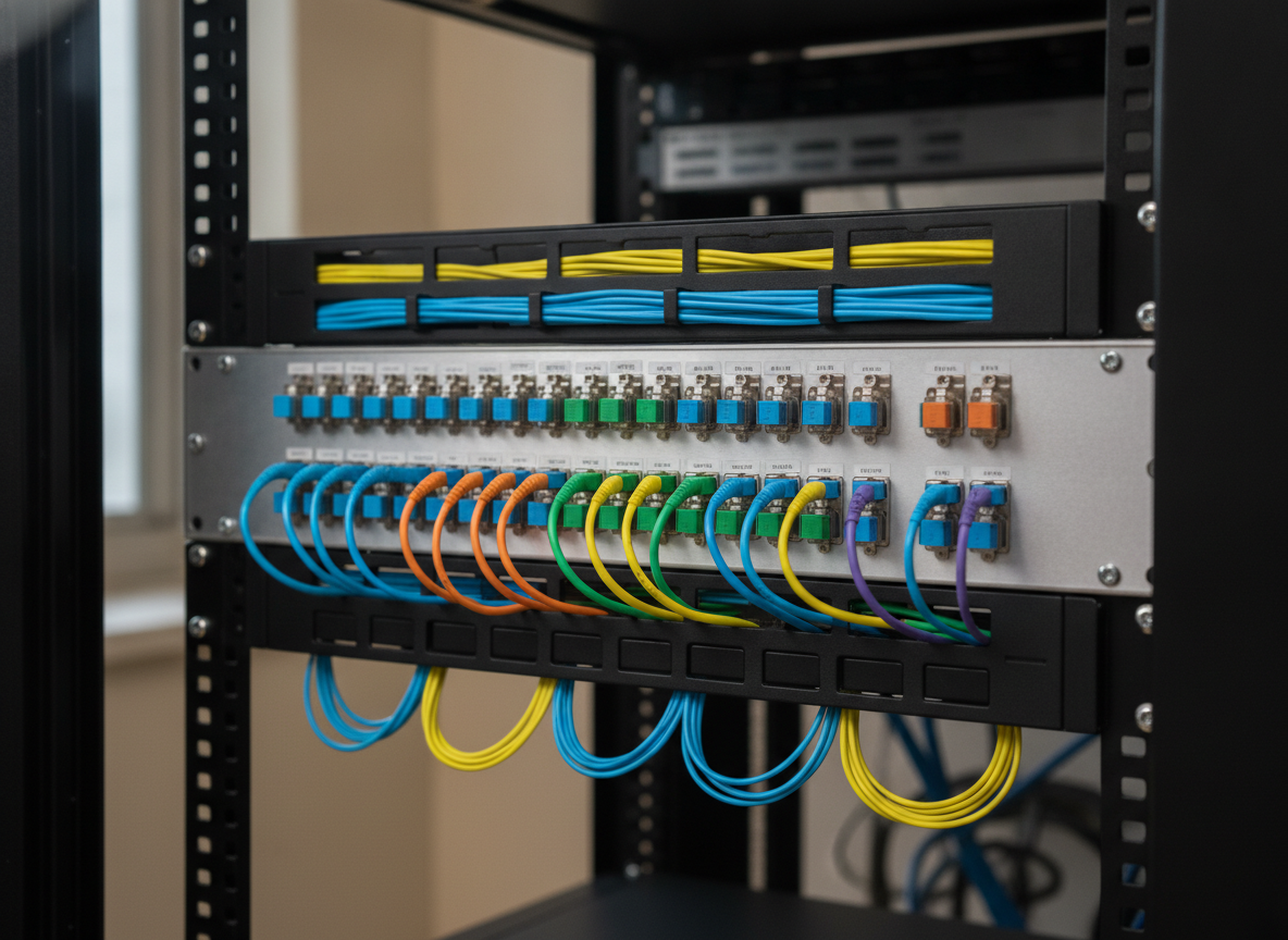 Panneau de brassage fibre optique dans un local technique de cabinet professionnel