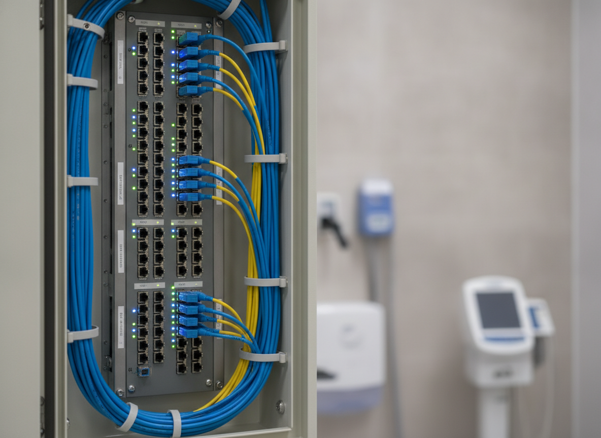 Panneau de brassage fibre optique dans un local professionnel médical, câbles bien organisés