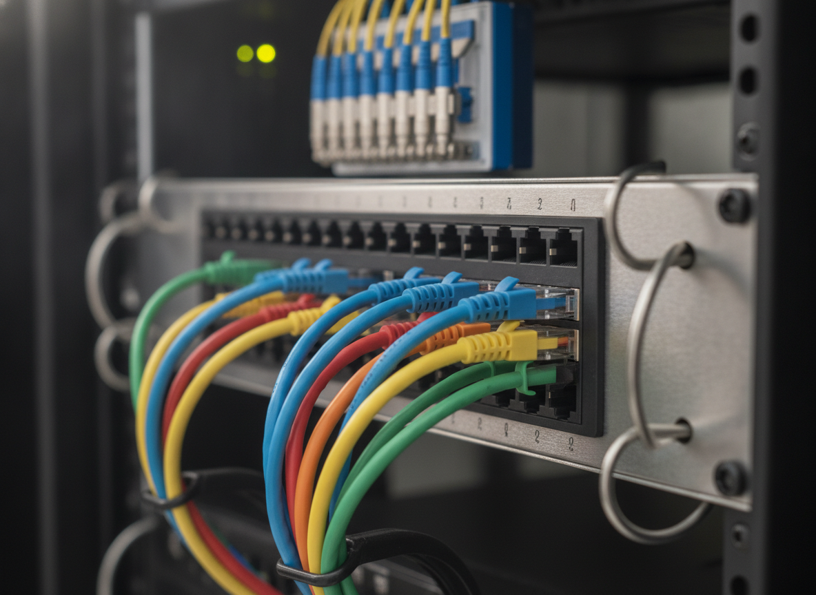 Panneau de brassage réseau professionnel avec câbles fibre optique et Ethernet dans une baie serveur
